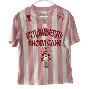 Strawberry Shortcake Pink White Striped Jersey Tee Womens M Life Is Sweet 🍓